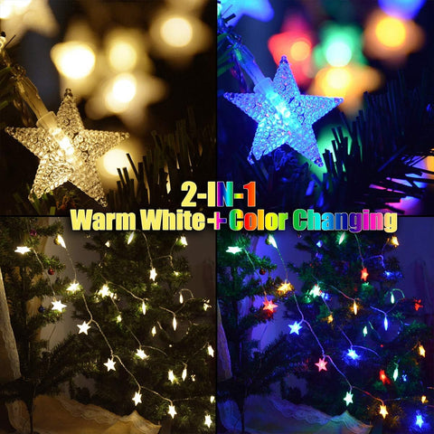 50 LED Star Fairy Lights – Battery Powered Colour Changing, Warm White & Multicoloured String Lights with Remote Control, Timer & IP65 Waterproof Design for Indoor & Outdoor Decorations