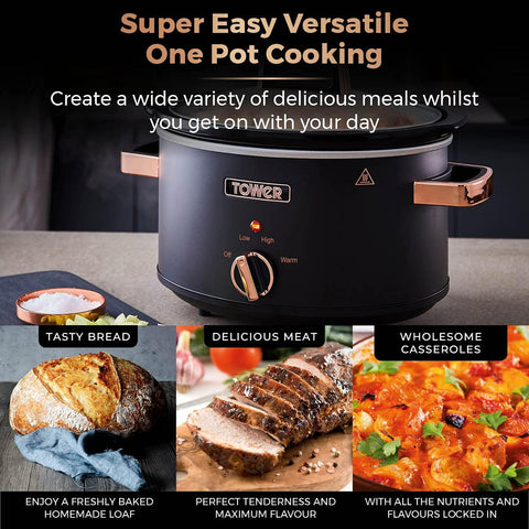 Cavaletto 3.5L Slow Cooker Black & Rose Gold | 3 Heat Settings, Removable Pot, Cool Touch Handles, Family Meals Cooker