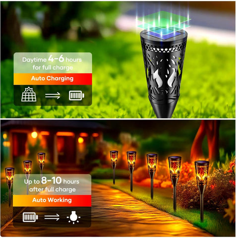 Solar Garden Lights 4 Pack – IP65 Waterproof Outdoor Solar Torch Lights with Realistic Dancing Flame Effect, 2 Lighting Modes, Pathway Lights for Patio, Lawn, and Yard Decoration
