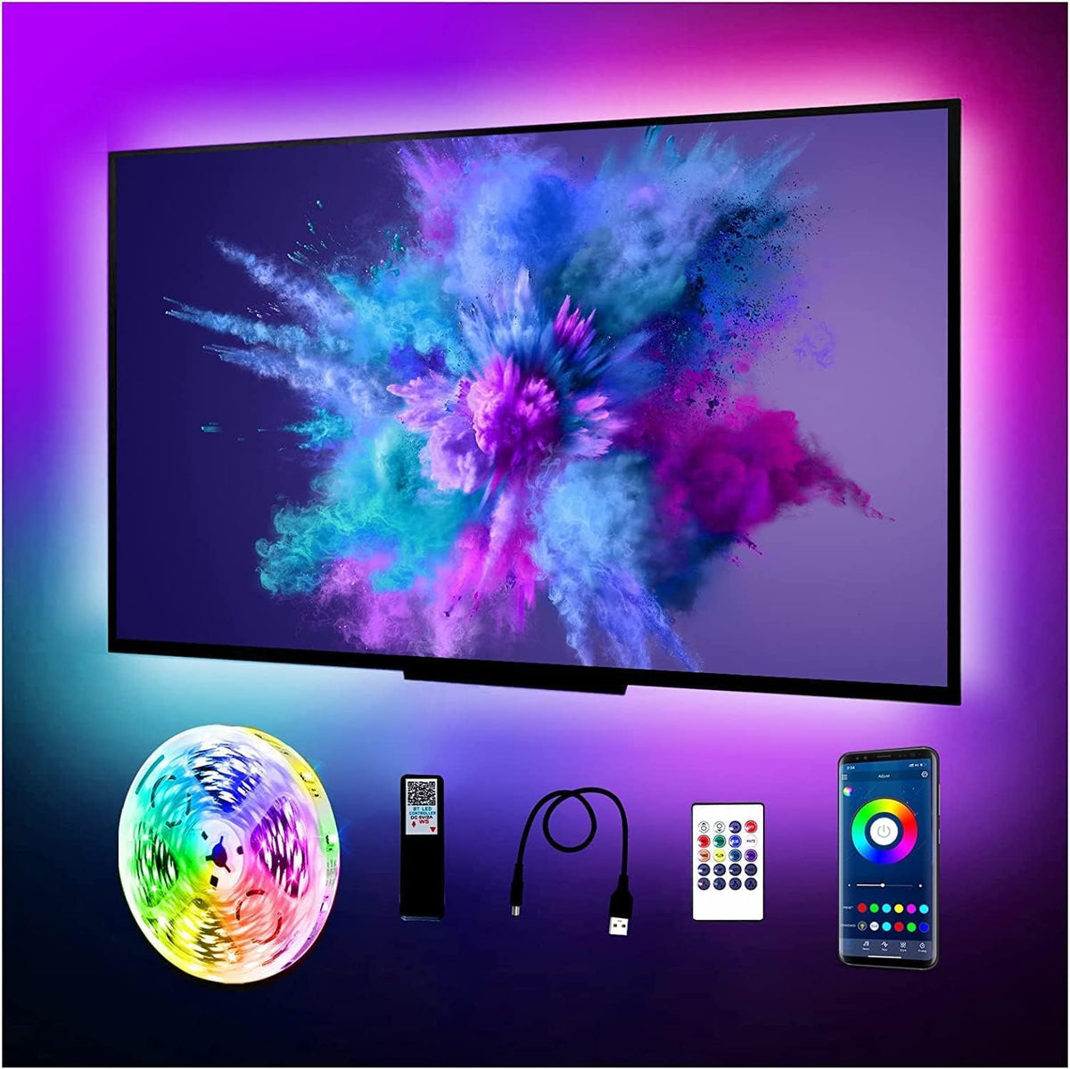 Phopollosystem with colour-changing 5m TV LED Lights for 65–85 Inch TV – RGB TV Backlight with App & Remote Control, Music Sync, Timer & 16 Million Colours for Gaming, Films & Home Entertainment