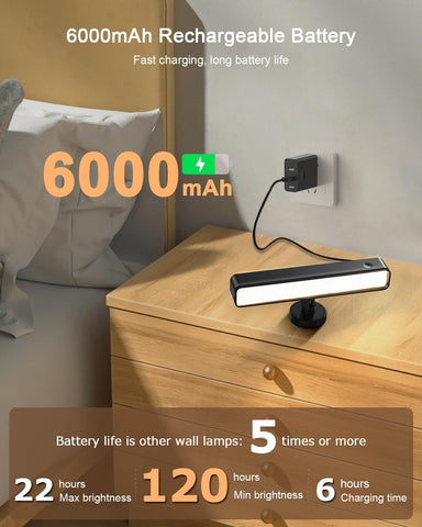 Stick on LED Rechargeable Black Wall Lights Indoor with 6000mAh Battery Operated, Wireless Wall Sconces with 3 Color Modes 360° Rotate Dimmable, Battery Wall Lamp with Touch & Remote for Bedroom Living Room