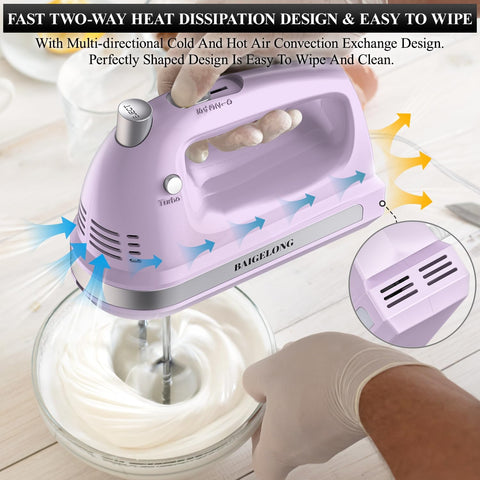 Hand Electric Mixer 300W – 5-Speed Handheld Blender with Turbo & 5 Stainless Steel Attachments for Baking – Purple
