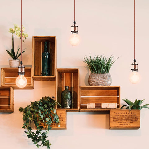Wooden crates with plants and bottles on a wall with hanging lights.