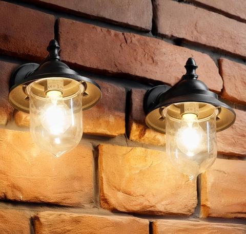 EBION Outdoor Coach Lantern Wall Lights 2 Pack – Vintage Black E27 Wall Lanterns with IP44 Water Resistance for Front Doors, Porches, Patios & Garages
