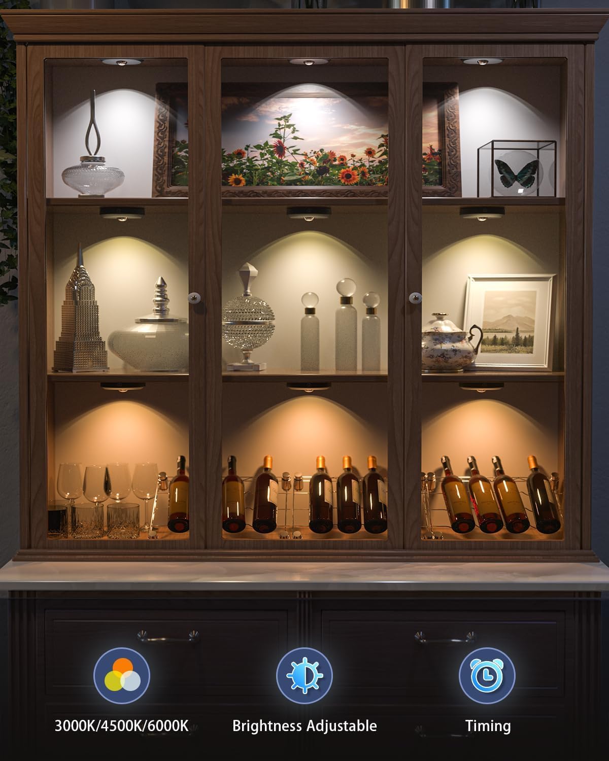 Wooden cabinet with glass shelves displaying various items, with control icons for light settings at the bottom.