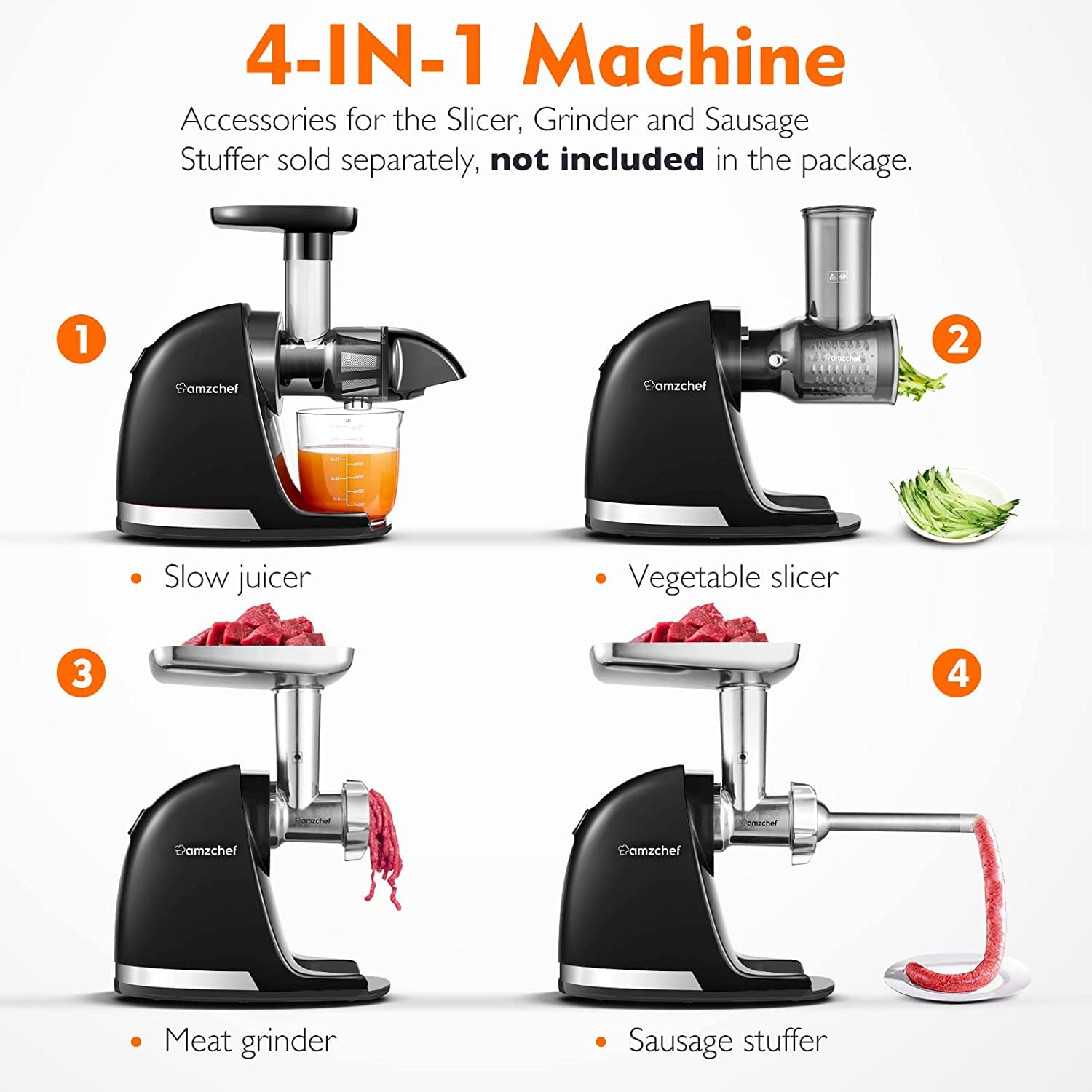 AMZCHEF Juicer Machines - Cold Press Slow Juicer - Masticating Juicer for Whole Fruits and Vegetables - Delicate Chew No Need to Filter - BPA Free Juice Extractor with 2 Cups and Brush - Black