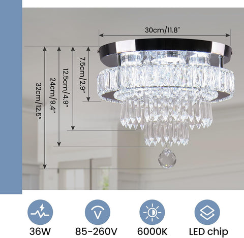 Modern Crystal LED Ceiling Light, 11.8" Round Flush Mount Chandelier