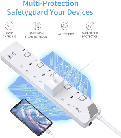 Extension Lead with 4 Way Plug Sockets, Wall Mountable Extension Socket with Individual Switches and 2 USB Charging Ports, 13A 3250W, 2M Extension Cord