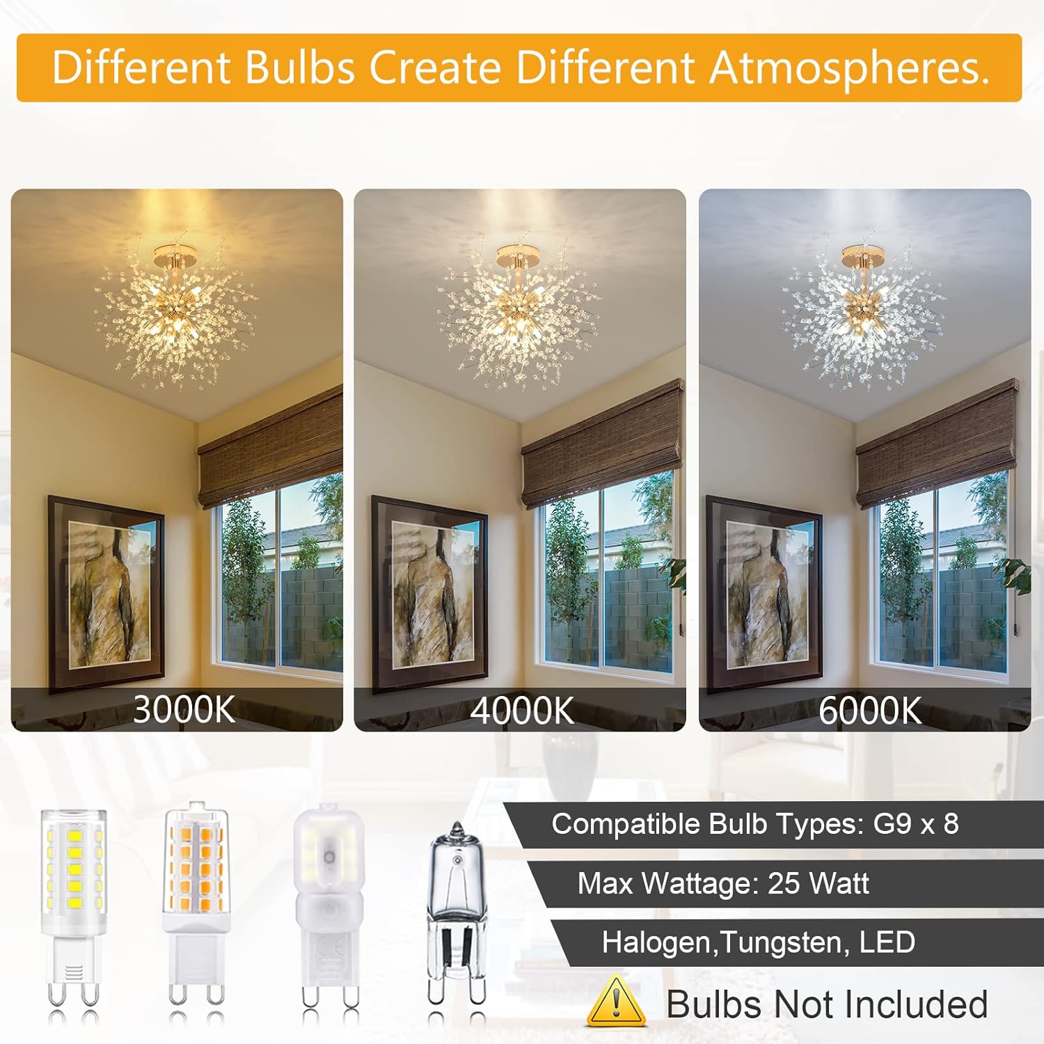 Three images showing different color temperature effects on a room's lighting with compatible bulb types displayed below.