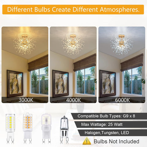 Three images showing different color temperature effects on a room's lighting with compatible bulb types displayed below.