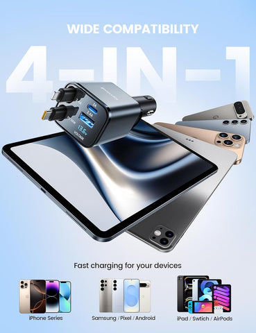 Lamicall 4-in-1 Retractable Car Charger Adapter 69W