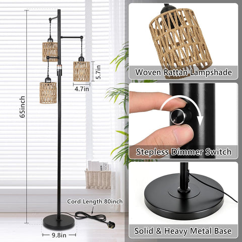 Black floor lamp with woven rattan lampshade, stepless dimmer switch, and measurements.