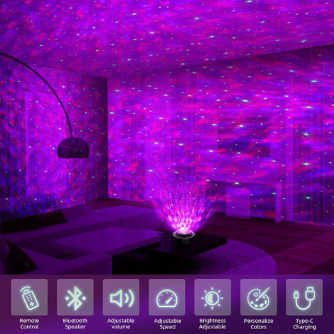Multiple light modes on the Galaxy Projector showing a variety of colors.


