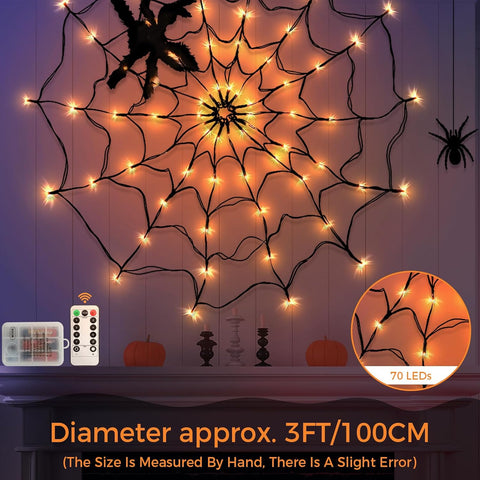 CNMTCCO Halloween Spider Web Lights with Plush Spider – 70 Orange LED Light-Up Cobweb Decoration with Remote Control for Indoor & Outdoor Halloween Parties