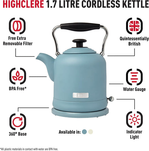 Highclere 1.5L Electric Kettle - 3000W Fast Boil, Cordless, 360° Swivel Base, Stainless Steel, Lightweight & Easy to Clean