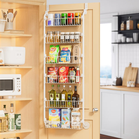 Delamu 8-Tier Over Door Storage Organiser, Adjustable Metal Pantry Shelves, Hanging Spice Rack for Kitchen, Bathroom & Laundry, White