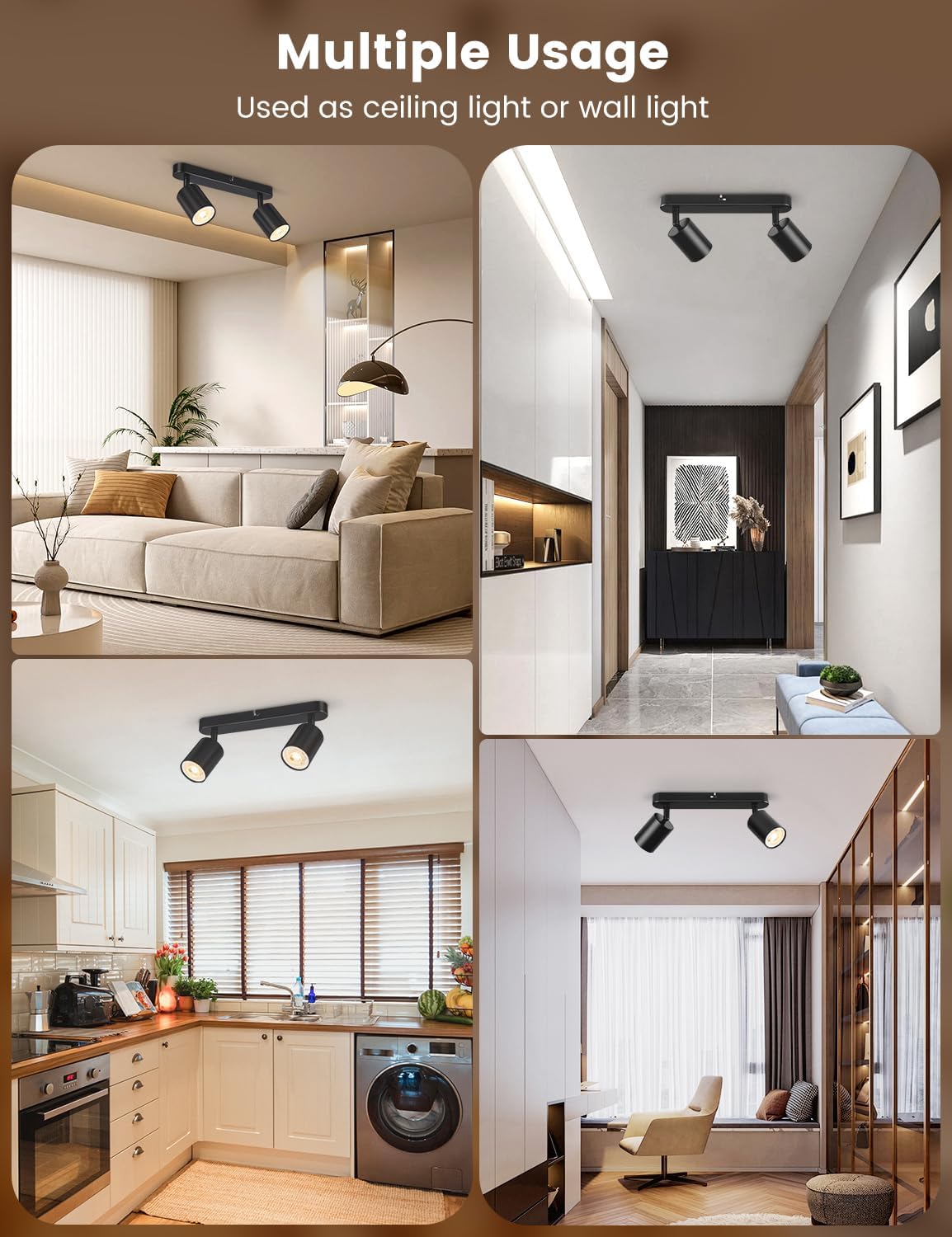 Collage of a ceiling light fixture used in various indoor settings.