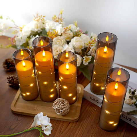 Flickering Flameless LED Candles with String Lights, Battery Operated Electric Candle Set of 5 with Remote Control & 24-Hour Timer for Home & Holiday Décor (Grey)