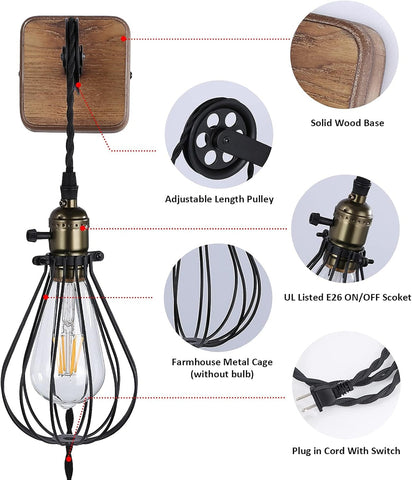 Industrial Plug In Cage Wall Lamp Pulley Sconce