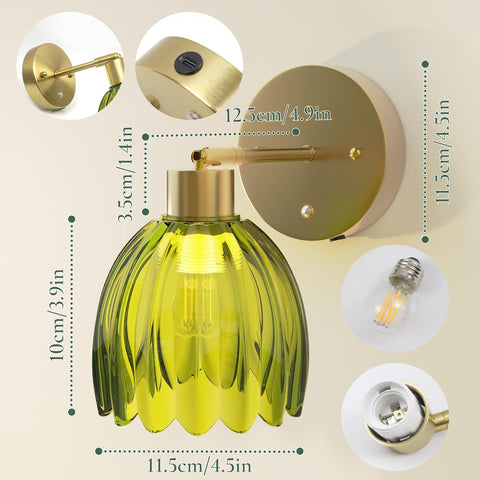 Vintage Rechargeable Wall Lights with Green Tulip Glass Shade, Dimmable, Wireless