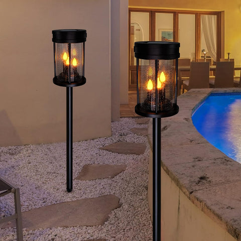 Outdoor Garden Solar Stake Lights Flickering Candle Lighting for Yard, Lawn, Patio, Pathway, Wall Decoration (2Pack, Black)