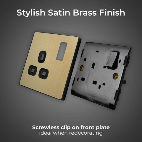 Single Switched Power Plug Socket Satin Brass 13A