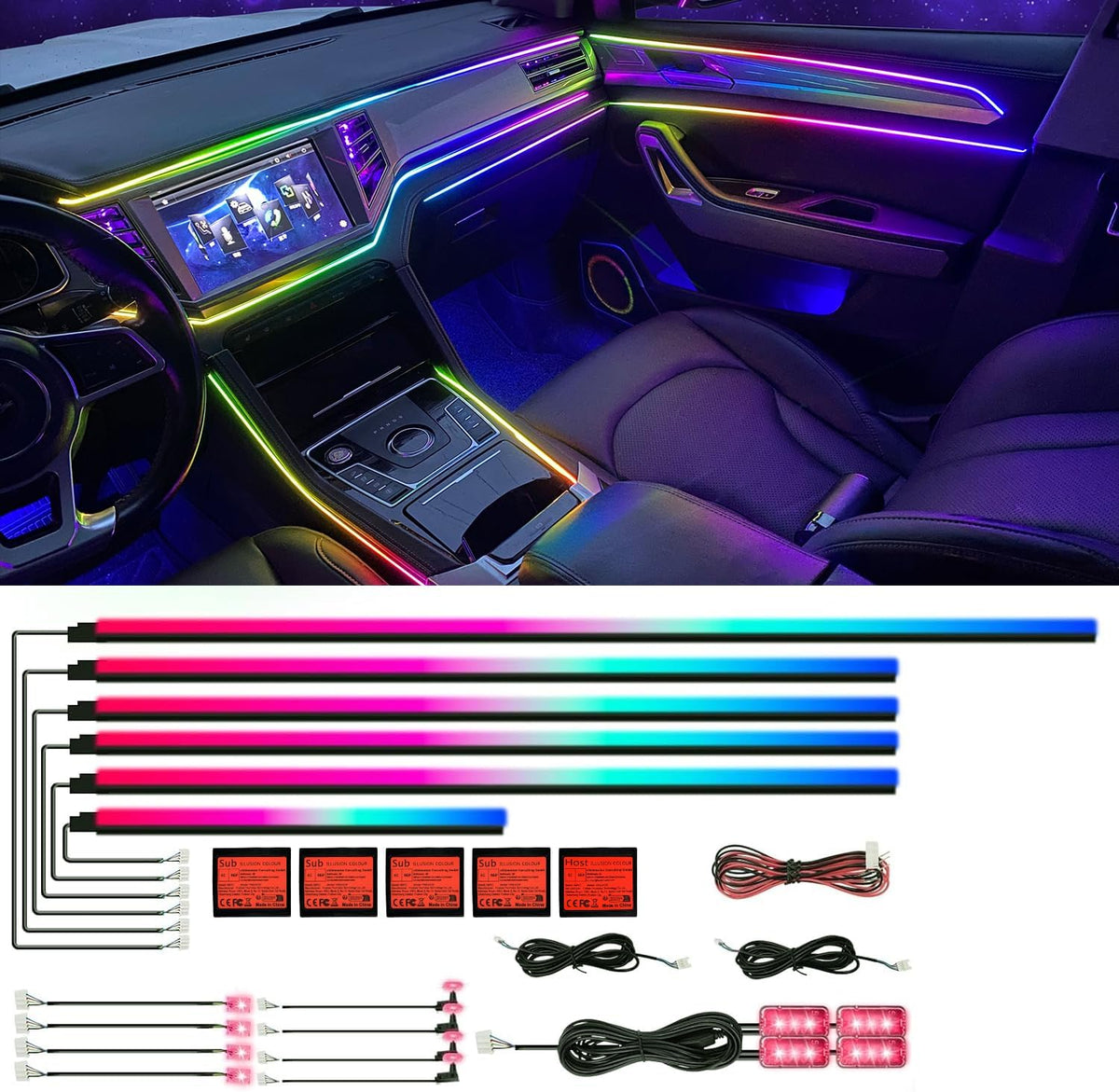 Acrylic RGB Car Interior LED Light Kit with APP Control, 18-in-1 Dreamcolor Ambient Lighting, Dual Zone Music Sync, Fiber Optic Strips