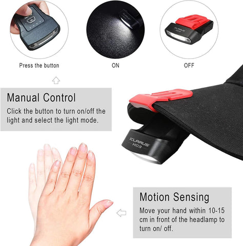 Klarus headlamp with manual control and motion sensing features on a white background