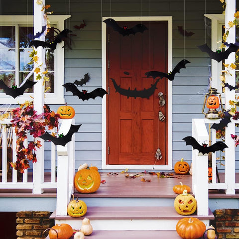 12PCS Halloween Hanging Bats with Glowing Eyes – Waterproof Flying Bat Decorations for Indoor & Outdoor Halloween Party, Garden, Door, Wall & Haunted House Décor