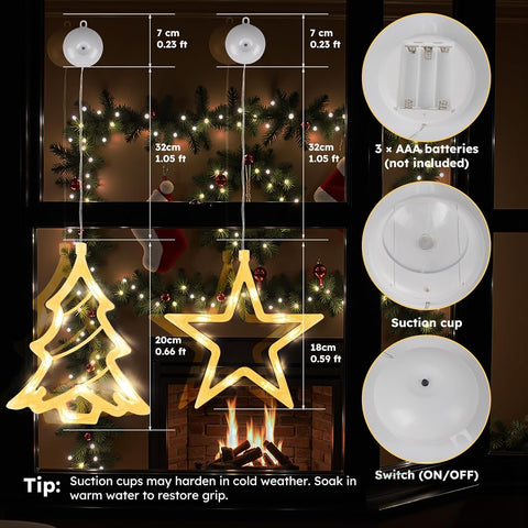 Christmas Window Fairy Lights 2 Pack, Warm White Battery Operated Decorations with Timer & Suction Cup | Indoor LED Lights for Windows, Party & Home Décor