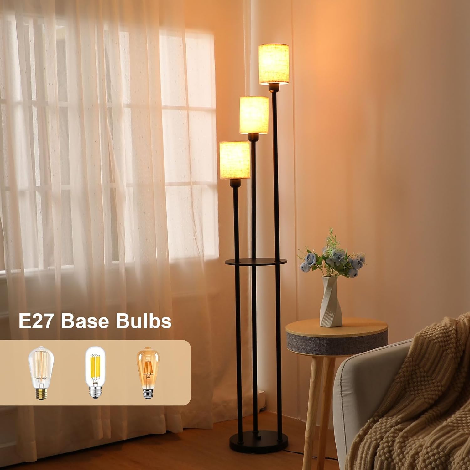 Two floor lamps with E27 base bulbs labeled in a living room setting.