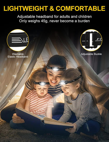 Family reading a book together with headlamps, emphasizing lightweight and comfortable design.