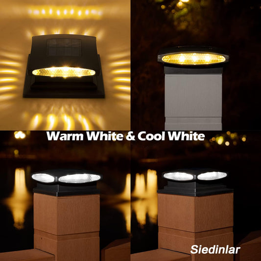 Solar Post Cap Lights Outdoor, 2 Modes 24 LED Solar Powered Fence Deck Light for 4x4 5x5 6x6 Posts Garden Patio Decoration Warm White & Cool White, Black