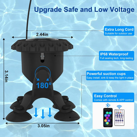 T-SUN RGB Underwater Pond Light with Bluetooth App & Remote Control – IP68 Waterproof Submersible LED Fountain Spotlight for Ponds, Aquariums & Gardens