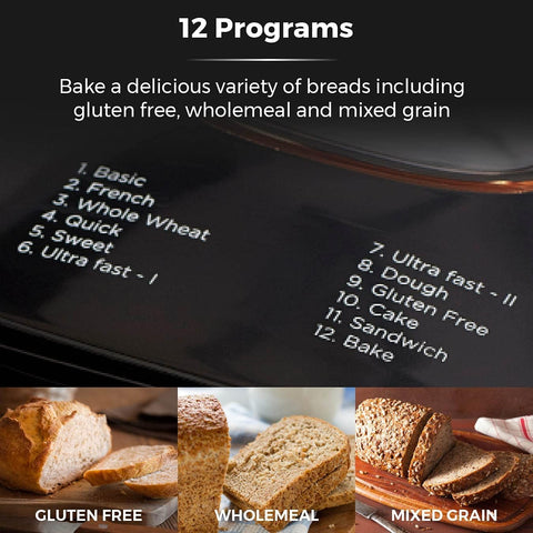 Digital Bread Maker 550W with 12 Programs, 13H Delay Timer, 60 Min Keep Warm, Non-Stick Pan & Crust Control – Black