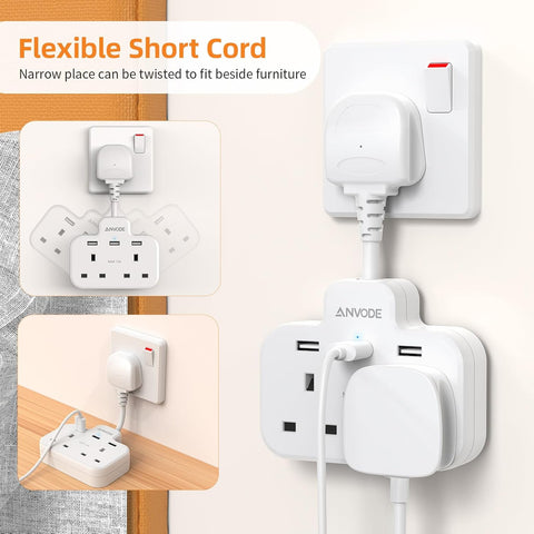 Double Plug Adaptor with USB, 2 Way Wall Adapter with Short Extension Lead, Multi Plug Socket Extender For Home Office (White)