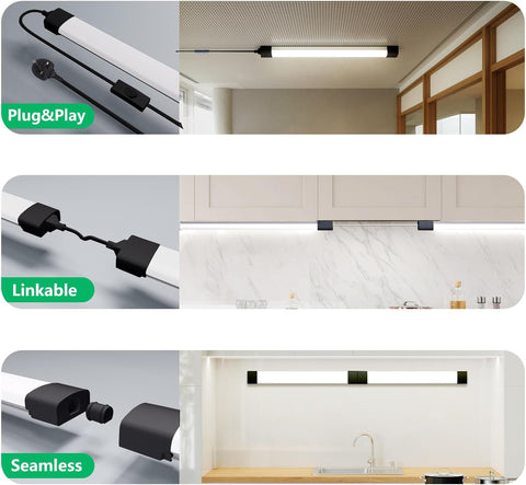 Collage of LED light bar installations in various settings with 'Plug&Play', 'Linkable', and 'Seamless' labels.