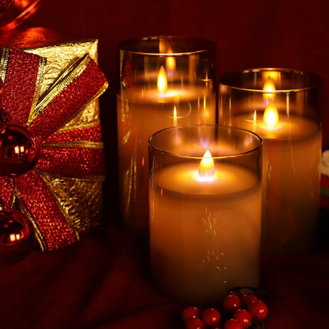 Flameless LED Glass Pillar Candles with Remote & Timer, Real Wax Flickering Wick Battery Operated Candle Set of 3 (4″/5″/6″, Grey)
