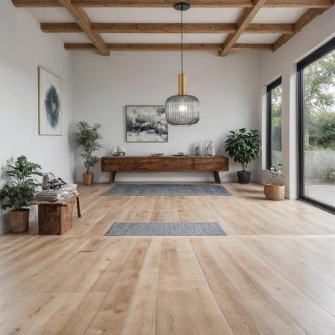 Modern living room with wooden floor, ceiling beams, and large windows.