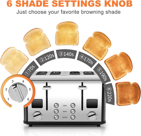 4 Slice Stainless Steel Toaster – Black | LED Display, Extra-Wide Slots, 6 Browning Settings, Defrost, Reheat & Cancel