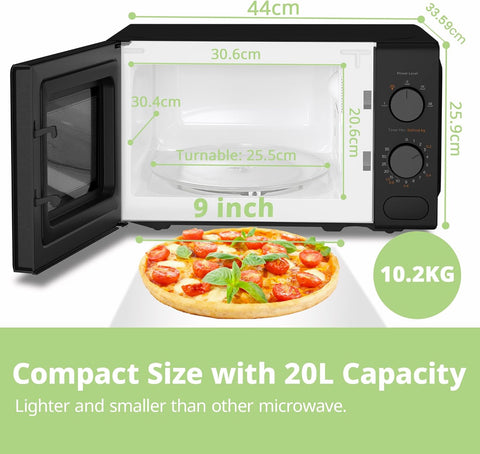 Black 20L Compact Microwave Oven 700W with Manual Control & Defrost