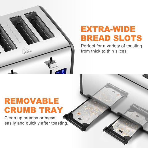 4 Slice Stainless Steel Toaster – Black | LED Display, Extra-Wide Slots, 6 Browning Settings, Defrost, Reheat & Cancel