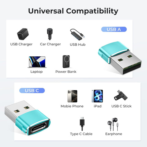 Green USB to USB-C Adapter 3-Pack – Type-C Female to USB-A Male Charger Converter for iPhone 11–16 Pro Max/Plus, Apple Watch Ultra/8/7, AirPods 2/3, iPad 8th–10th Gen, Air 4/5, Mini 6