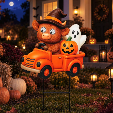 Halloween Highland Cow Solar Yard Stake Light with Moving Eyes, Waterproof Halloween Metal Yard Stake Decorations, Cute Spooky Cow Ghost Pumpkin Truck Garden Decor for Lawn Patio Pathway