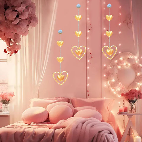 3Pcs LED Heart Shaped Fairy Lights, Battery Powered Valentine Window Lights with Suction Cups, Love Heart Hanging Curtain Lights for Window, Door & Home Decor