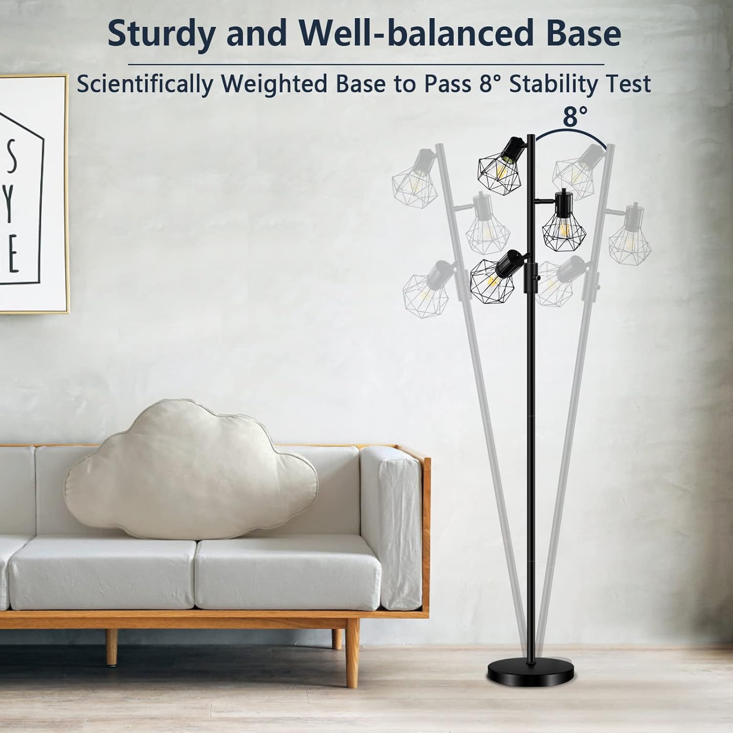 Floor lamp with text about stability in a living room setting