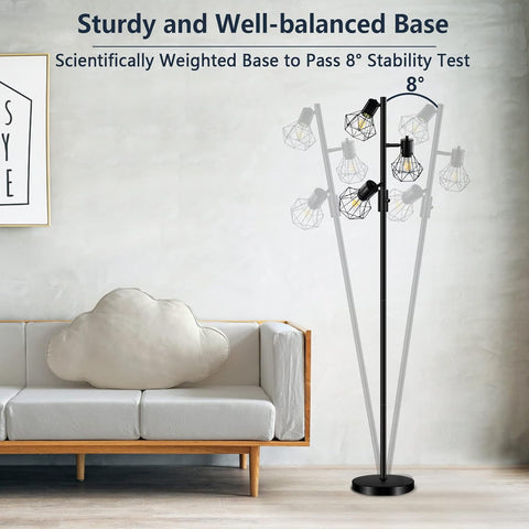 Floor lamp with text about stability in a living room setting