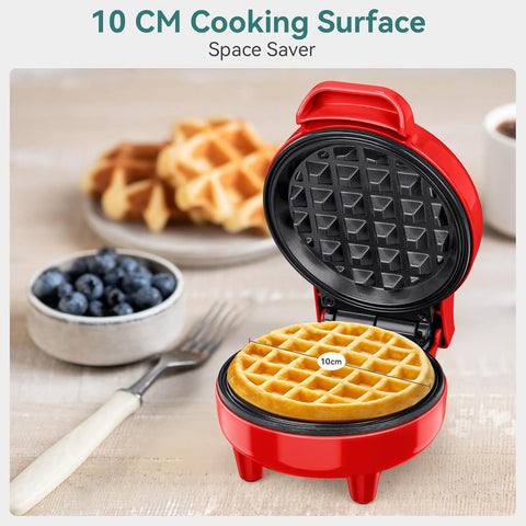 Snailar Mini Waffle Maker – 550W Compact Waffle Iron, Nonstick Coating, Ready Indicator Light, Cool Touch Handle, Easy Clean, Red