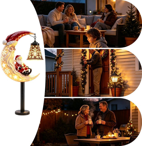 Solar Christmas Stakes - LED Hollow Moon & Santa Figurine Decor, Warm