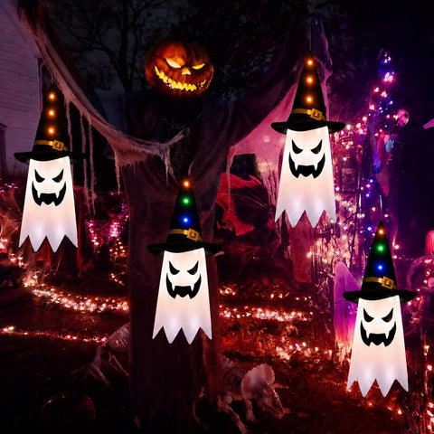 Mepham Halloween Hanging Light Up Ghost Decorations with Wizard Hats – 3 Light Modes for Indoor & Outdoor Garden, Door & Porch Displays